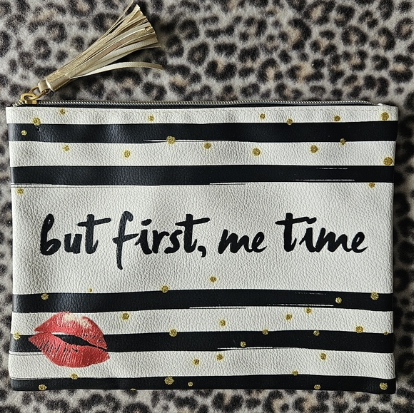 CVS Handbags - "But First, Me Time" Black and White Striped Oversized Travel Cosmetic Pouch Bag